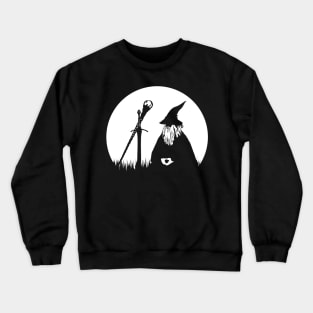 Moon Meditating Wizard - Minimalist Black and White Fantasy Silhouette Crewneck Sweatshirt